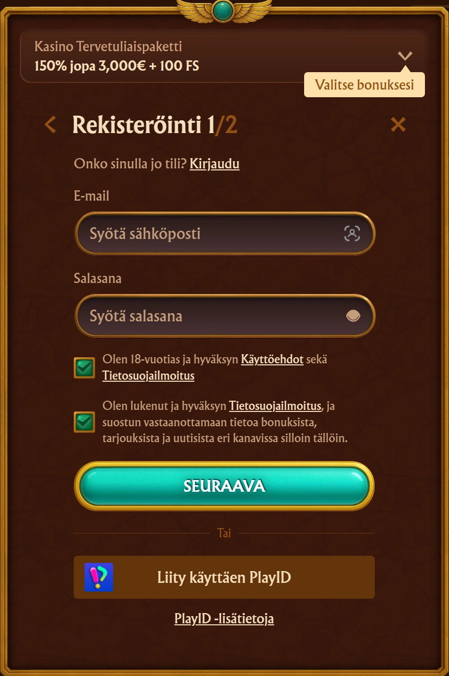 Kirjautuminen ja rekisteröinti AmunRa Casinolla